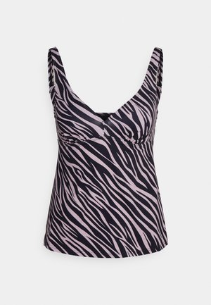 Randigt tanktop i zebra-mönster i nyanser av svart och mjuk rosa, med en rundad halsringning och tjocka axelband med en slät yta.