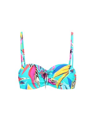 Top bikini colorato in turchese con motivi astratti in rosa, giallo e nero. Presenta spalline regolabili e un dettaglio con lacci frontali.