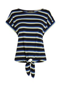 Short-sleeve black top with horizontal stripes in blue and green, featuring a knotted front detail and a relaxed fit. Soft fabric texture.