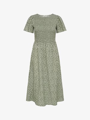 Grønn midikjole med hvite polkadotter, korte puffermede ermer, smocket liv og rund halslinning.