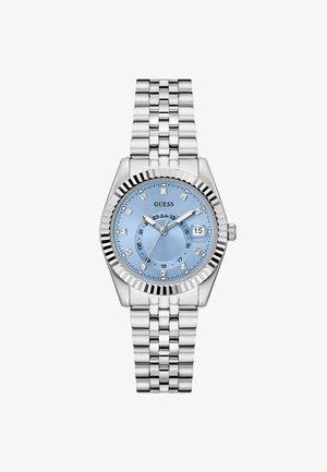 Silver watch with a blue dial, diamond-like hour markers, and date display, featuring a linked metal bracelet and a ridged bezel.