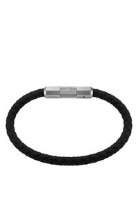Schwarzes geflochtenes Lederarmband mit einem strukturierten Edelstahlverschluss, der ein minimalistisches Design und eine glatte Oberfläche bietet.