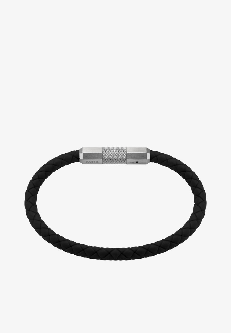 Black braided leather bracelet with a textured stainless steel clasp featuring a minimalist design and smooth finish.