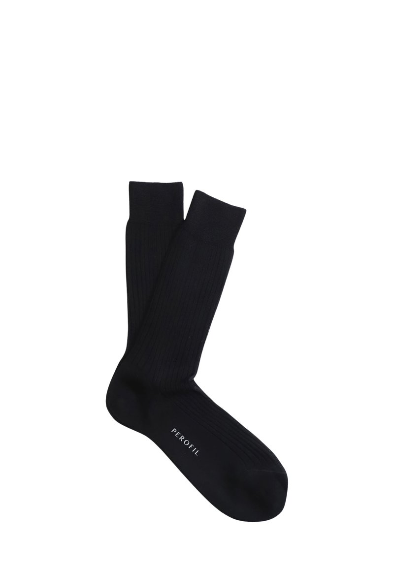 Calze nere a coste realizzate in materiale morbido, con un bordo definito e un logo sulla suola. Progettate per il comfort e la versatilità.