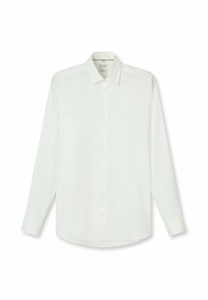 White long-sleeve shirt made of smooth fabric, featuring a classic collar, front button closure, and a curved hemline.