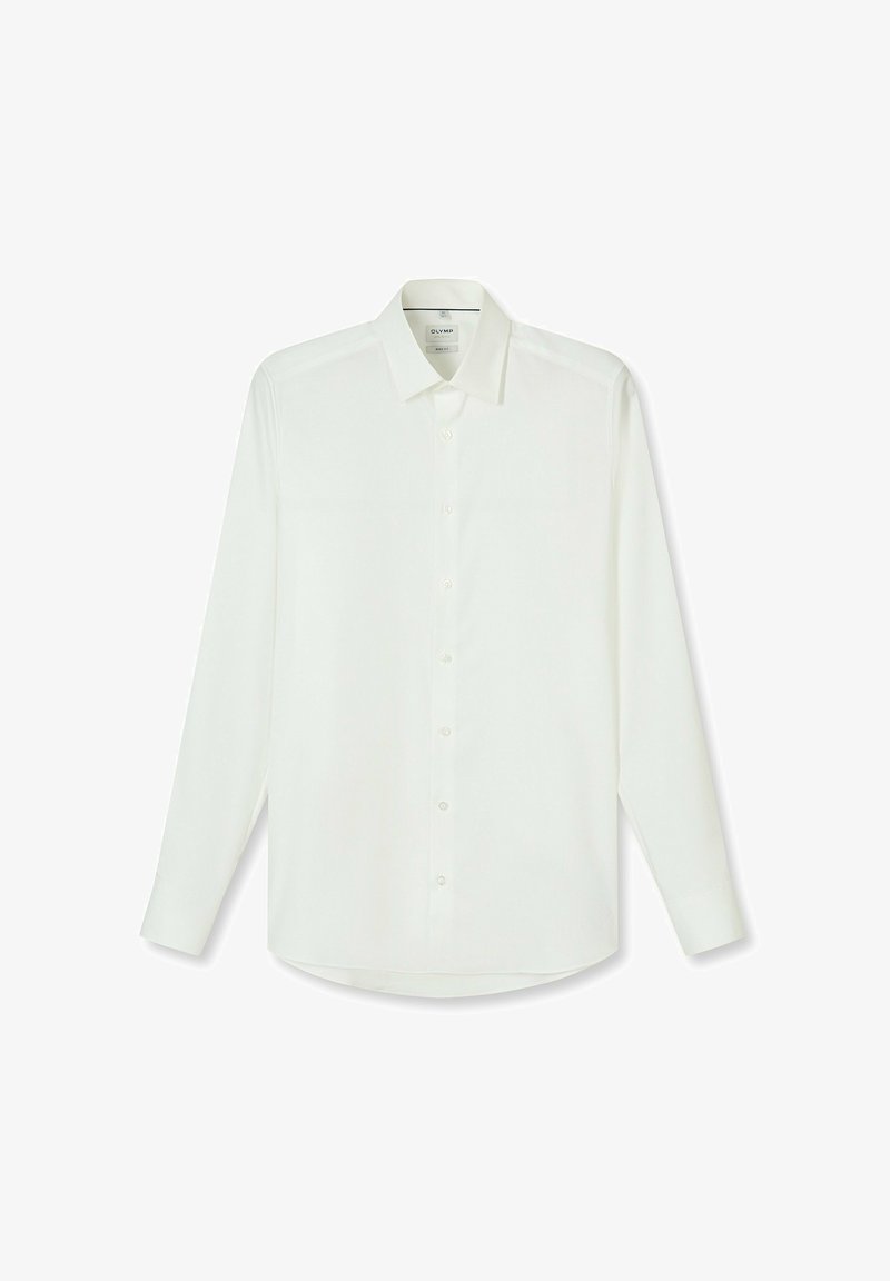 Weißes Langarmhemd aus glattem Stoff, mit klassischem Kragen, vorderem Knopfverschluss und abgerundetem Saum.