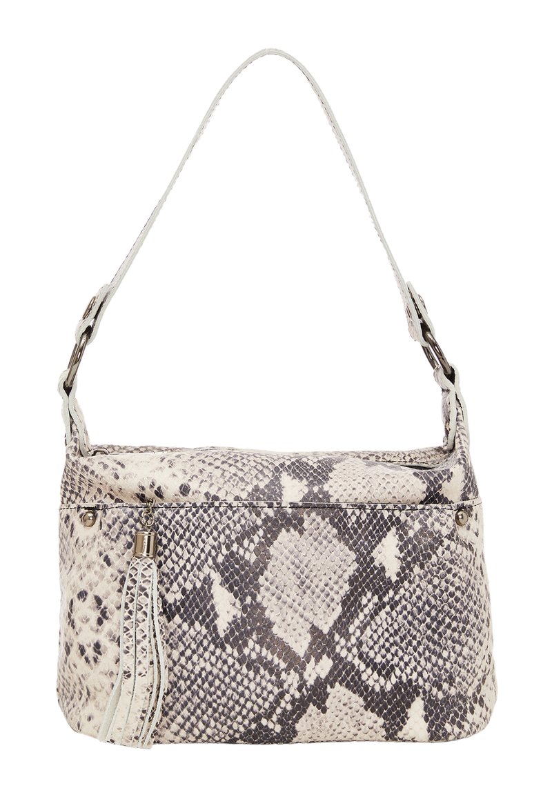 Slangeskinds håndtaske i lys grå og sort med flad design, justerbar rem og en frynse detalje på lynlåsen.