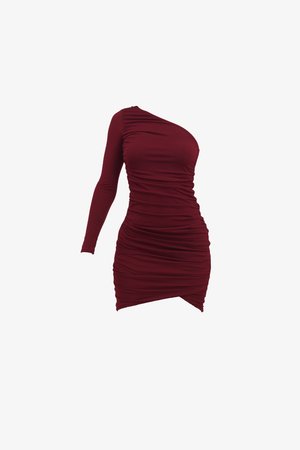 Robe bordeaux à une épaule en tissu extensible, dotée de détails froncés et d'un ourlet diagonal pour une silhouette cintrée.