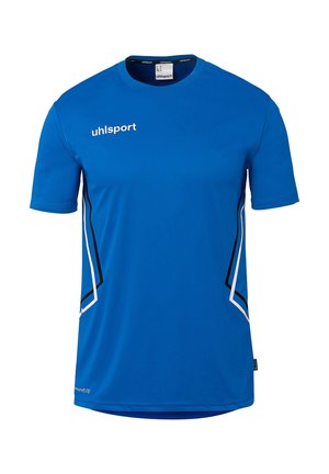 Blue short-sleeve sports jersey with white "uhlsport" logo on chest and black and white angled stripes on sides.