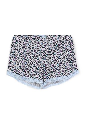 Pantaloni corti in stampa leopardata grigia, con bordi in pizzo azzurro chiaro e un fiocco decorativo in vita. Tessuto morbido con vestibilità rilassata.