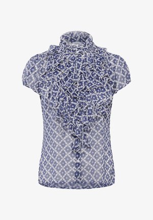 Bluză cu mâneci scurte din material alb transparent, cu un model geometric în nuanțe de albastru și detalii volanate în față; guler înalt și închidere cu nasturi.