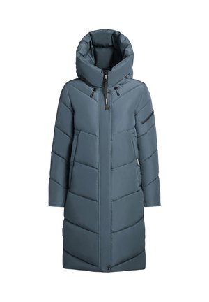 Manteau long et rembourré de couleur bleu marine avec un col montant. Équipé de poches zippées et d'un motif matelassé en chevrons. Finition mate et capuche ajustable.