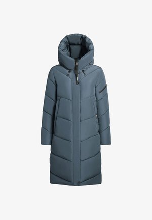 Lång, vadderad jacka i mörkblått med hög krage. Har dragkedjefickor och ett chevronmönster i quiltning. Matt yta och justerbar huva.