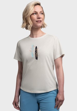 Helle beige Kurzarm-T-Shirt mit abstrakten Blumenmustern in blauer, schwarzer und goldener Stickerei. Weicher Stoff mit lockerer Passform.
