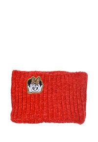 Fascia rossa lavorata a maglia realizzata in tessuto testurizzato con un emblema di Minnie Mouse accentuato in oro, che presenta un fiocco e mani che fanno un gesto.