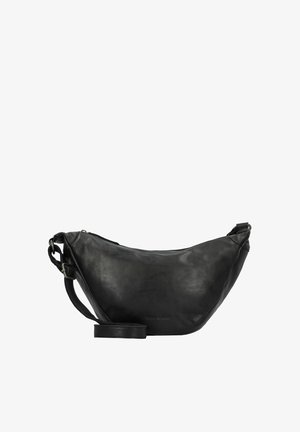 Schwarze Leder-Schultertasche mit einem geschwungenen, minimalistischen Design, ausgestattet mit einem Reißverschlussschluss und einem verstellbaren Tragegurt.