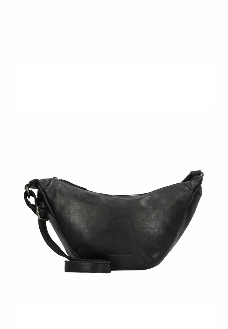 Borsa a tracolla in pelle nera con un design curvo e minimalista, dotata di chiusura con zip e tracolla regolabile.