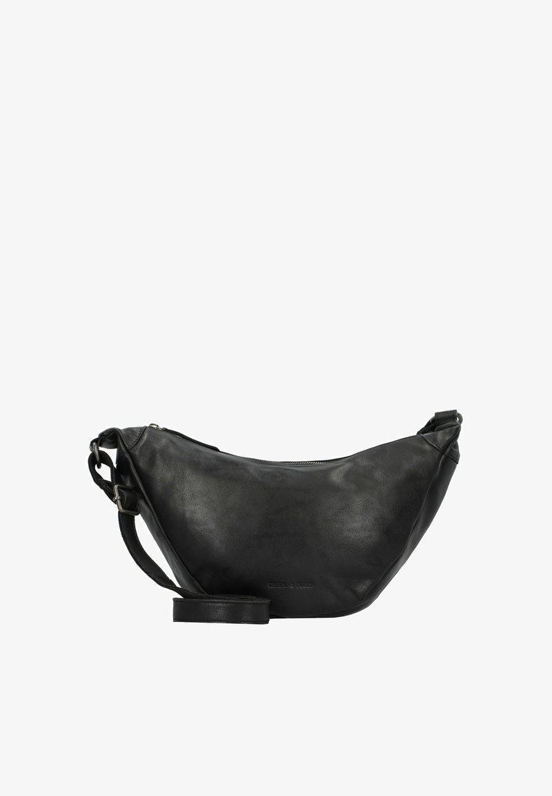 Borsa a tracolla in pelle nera con un design curvo e minimalista, dotata di chiusura con zip e tracolla regolabile.