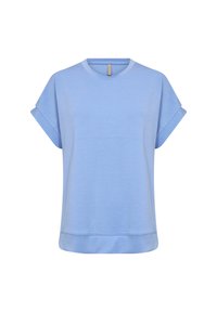 Camicetta azzurro chiaro a maniche corte con scollatura rotonda, vestibilità comoda e risvoltini. Tessuto morbido con una texture liscia e orlo leggermente curvato.