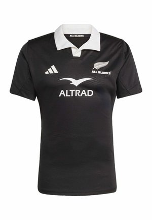 Schwarzes Rugby-Trikot mit weißem Kragen, versehen mit dem All Blacks-Logo und dem in Weiß gedruckten Sponsor "ALTRAD". Hergestellt aus strukturiertem Stoff.