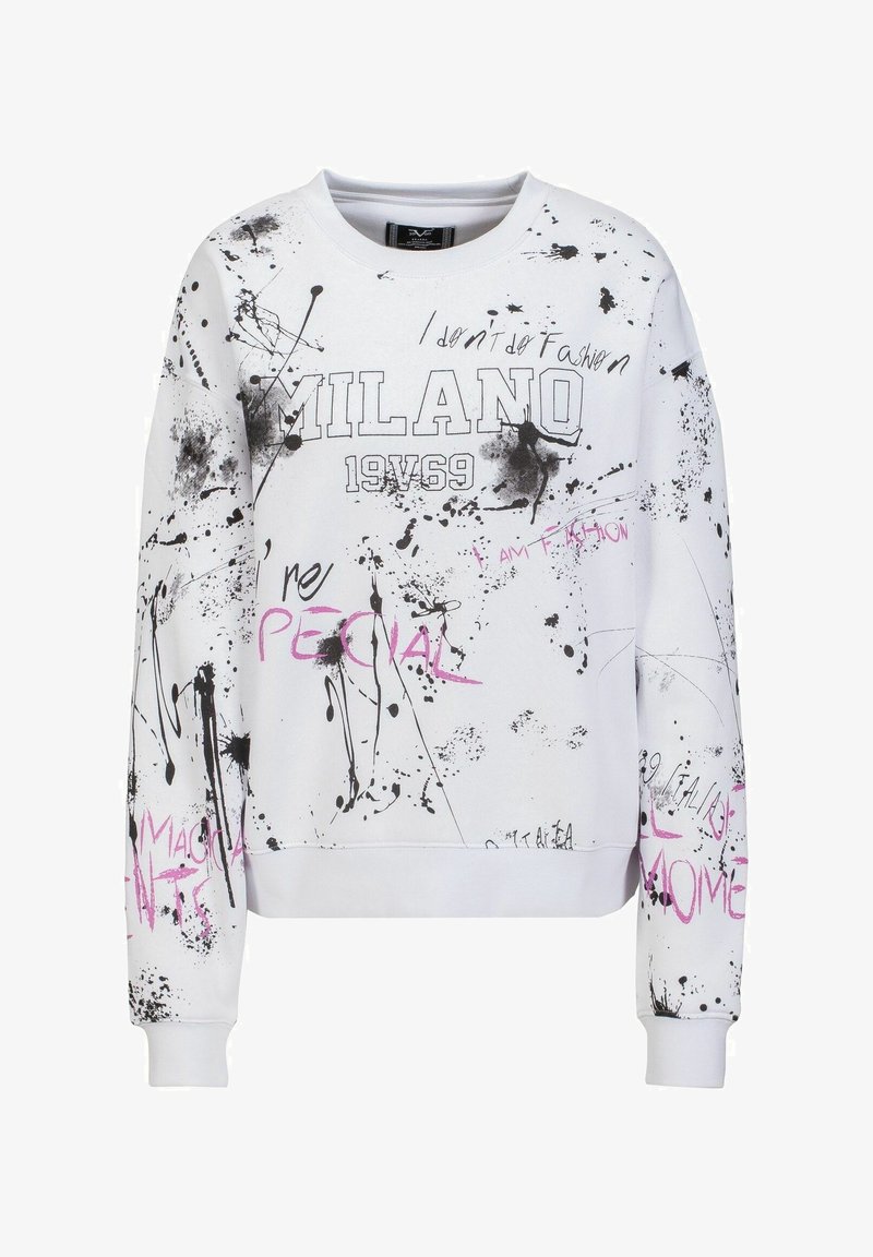 White sweatshirt with black and pink abstract splatter patterns and text. Features crew neck and ribbed cuffs. Reads "MILANO 19V69."