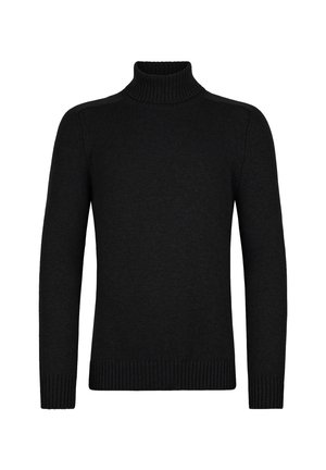 Schwarzer Rollkragenpullover aus weichem Stoff, mit geripptem Kragen und Bündchen, einer figurbetonten Passform und langen Ärmeln.