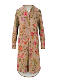 Langdurige beige jurk met lange mouwen, versierd met kleurrijke geborduurde bloemenpatronen, een ronde kraag, knoopsluiting en een borstzak.