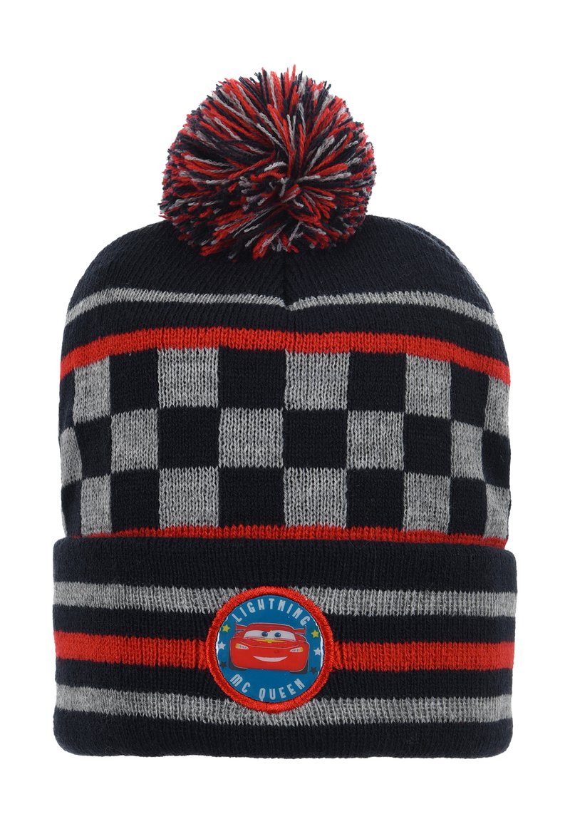 Knitted beanie in navy, gray, and red with a checkerboard pattern, a striped band, and a pom-pom. Features a circular Lightning McQueen patch.