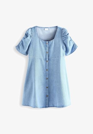Robe en denim bleu clair avec manches courtes bouffantes, encolure carrée et fermeture à boutons sur le devant au centre.