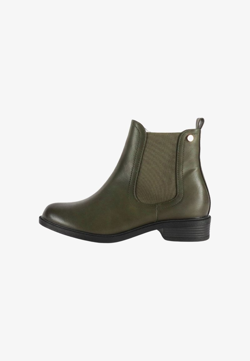 Stivaletti alla caviglia verde oliva con finitura lucida, pannelli laterali elastici, linguetta e un tacco basso texturizzato nero. Materiale in pelle liscia.