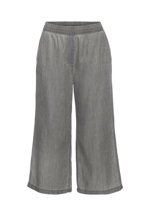 Graue Denim-Hose mit weitem Bein, elastischem Bund, ohne sichtbare Knöpfe oder Reißverschlüsse und einfachem Steppmuster.