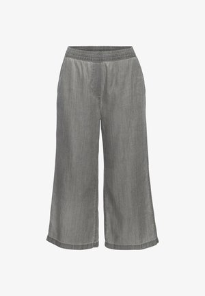 Graue Denim-Hose mit weitem Bein, elastischem Bund, ohne sichtbare Knöpfe oder Reißverschlüsse und einfachem Steppmuster.