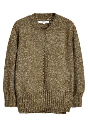 Grober Strickpullover mit Rundhalsausschnitt in Olivgrün und Beige, mit gerippten Bündchen und Saum, versehen mit einem zentralen vertikalen Strukturstich.