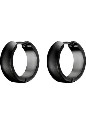 Par sort øreringe i mat sort metal med en buet, semi-tyk form og hængslet lukkemekanisme.
