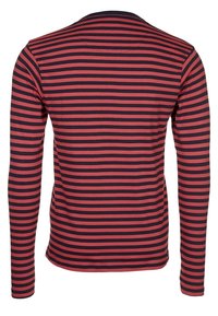 Langarmshirt mit horizontalen Streifen in Rot und Marineblau, aus weichem Stoff mit runder Ausschnittform und taillierter Passform.