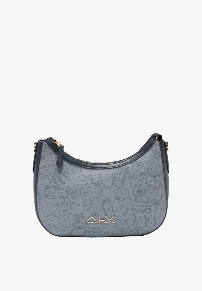 Borsa grigia dalla forma curva, decorata con motivi a tema viaggio in rilievo, con chiusura a cerniera e dettagli in metallo color oro.