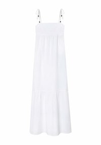 Vestido blanco de algodón con escote cuadrado, tirantes ajustables con nudos y diseño de falda en capas. Textura suave, silueta hasta el suelo.