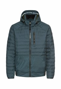 Polstret jakke i mørk teal, med hætte, frontlynlås, lynlås brystlomme og elastiske manchetter. Glat, tekstureret stof.