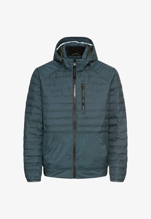 Padded-Jacke in Dunkeltürkis, mit Kapuze, Frontreißverschluss, Reißverschlusstasche auf der Brust und elastischen Bündchen. Glattes, strukturiertes Material.
