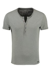 Lichtgrijs kortemouw t-shirt van zachte stof met een henley-halslijn, drieknoopsluiting en een subtiele textuur. Maat S.