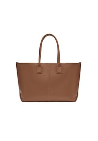 Brązowa skórzana torba typu tote z dwoma krótkimi uchwytami, o gładkiej fakturze i minimalistycznym designie. Posiada centralny szew i subtelną markę.