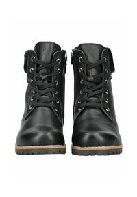 Botas de cuero negro con un diseño de caña alta, cordones en el frente, cremallera lateral, acentos verdes, forro de tobillo texturizado y suela de goma resistente.