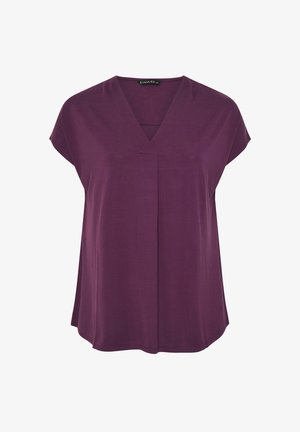 Lilla kortærmet top med V-hals og plisseret detalje foran. Fremstillet af letvægtsstof med en glat tekstur.