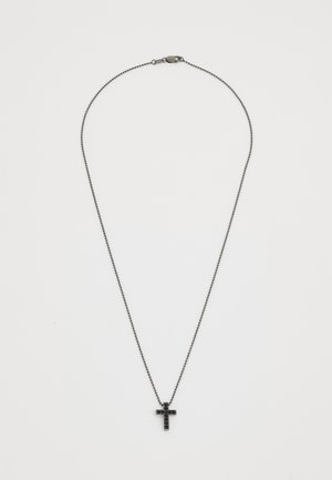 Collana in metallo nero con pendente a croce, decorata con piccole pietre preziose. La catena è fine e delicata, con chiusura a moschettone.