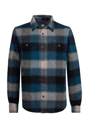 Camisa de cuadros abotonada en azul, negro y gris, hecha de una tela texturizada. Presenta dos bolsillos en el pecho y un dobladillo redondeado.