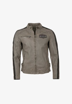 Graue Motorradlederjacke mit Reißverschlusstaschen, schwarzen Seitenstreifen und einem Patch mit der Aufschrift "MOTOR" auf der Brust.