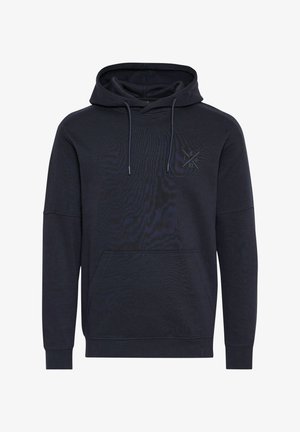 Felpa con cappuccio blu navy realizzata in misto cotone, dotata di tasca a marsupio, polsini a coste e un design del logo discreto sul petto.