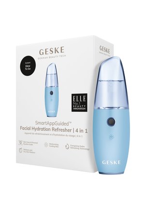 Blauwe gezichtsbevochtiger met een glad, afgerond ontwerp en een transparante bovenkant. De doos bevat het logo en productinformatie.