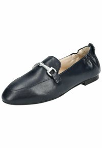 Ballerines en cuir bleu marine avec une semelle plate, mettant en avant un accent en chaîne argentée sur le dessus et une couture le long de l'orteil.