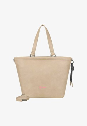 Sac fourre-tout en similicuir beige avec deux anses d'épaule, ferrures argentées et une bandoulière amovible. Présentant un logo rose à l'avant.